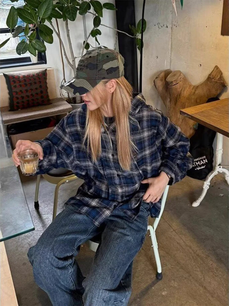 HOUZHOU Vintage Plaid Shirts Women Harajuku Long Sleeve American Style Drawstring Hooded Blouses Loose Casual Streetwear Spring