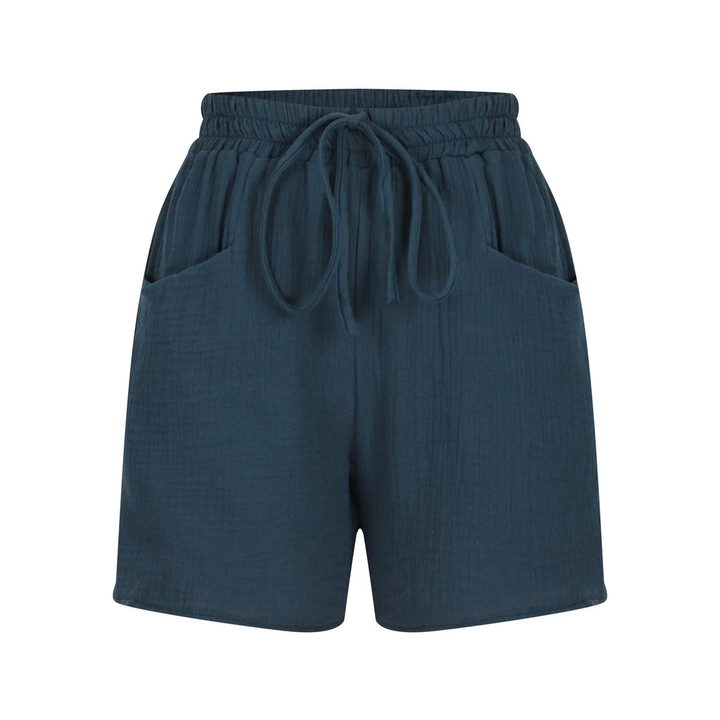 Ladies casual loose cotton elastic waist lace-up shorts