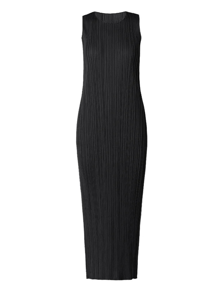 Miyake Pleated Women Dress Summer Sleeveless Long Classic Korean Fashion Casual Elegant Female Lce Water Blue Beach Dress TP5045