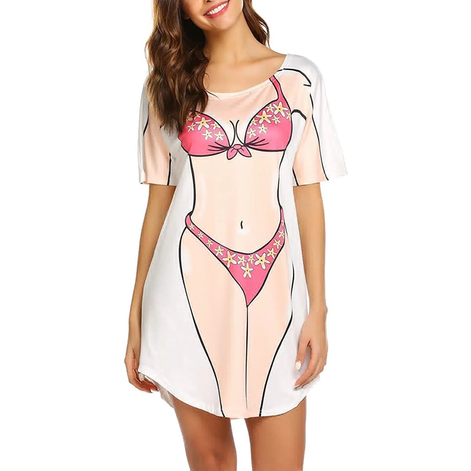 Funny Shirts for Women 3D Bikini Printed Short Sleeve Baggy T Shirt Ladies Oversized Fake Body Graphic Swimsuit Beach Coverup