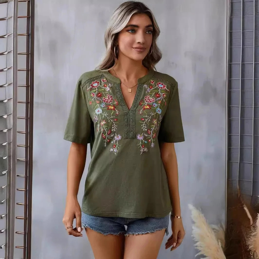Casual Loose Floral Blouses For Women Fashion 2025 Summer Vintage Women's Short Sleeve Shirts Lace Patchwork Blouse Embroid Tops