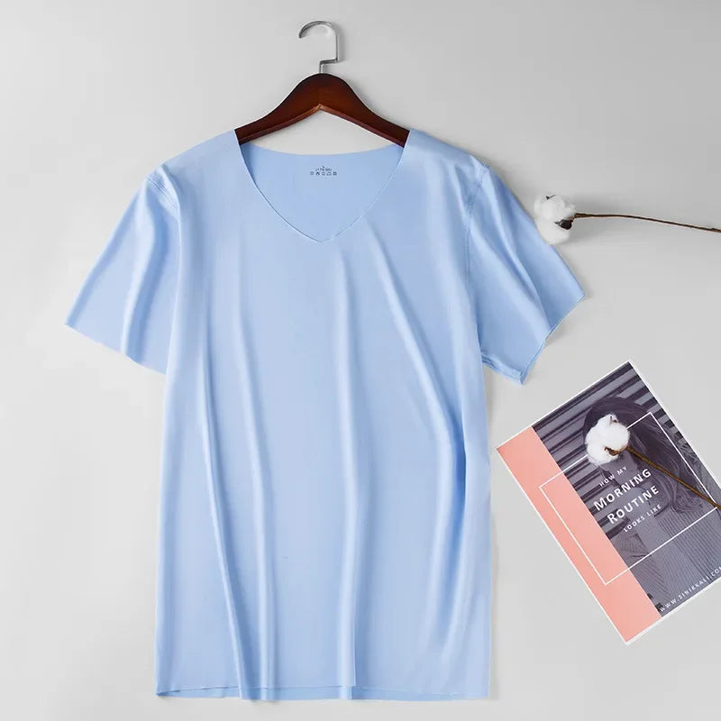 Men's Skinny Undershirt Plus Size Ice Silk Basic Shirts Breathable V-Neck Seamless T-shirt Underwear Thin Slim Bottoming Shirt