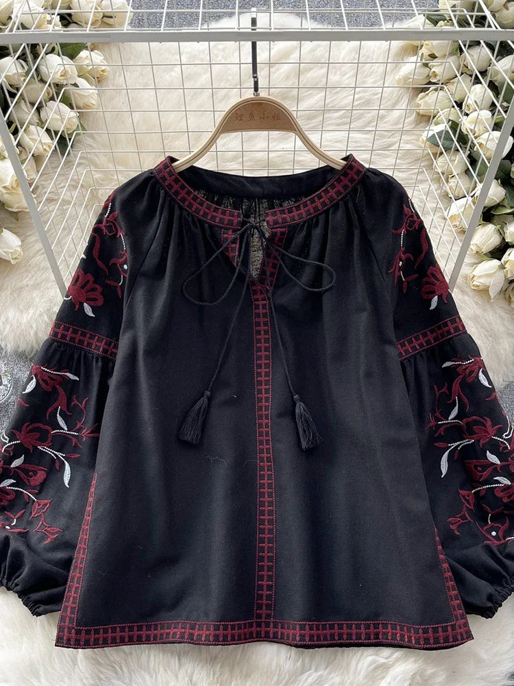 Women's Retro Blouse National Style Embroidered Lace-Up Tassel V-Neck Lantern Sleeve Tops Loose All-Match Female Blusa A02