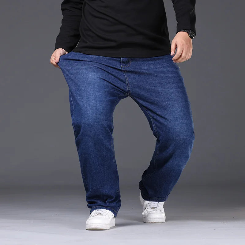 34-50 Sizes Men's Stretch Jeans Straight Leg Denim Pants Extended Sizing Blue/Black Streetwear Relaxed Fit for Work & Casual