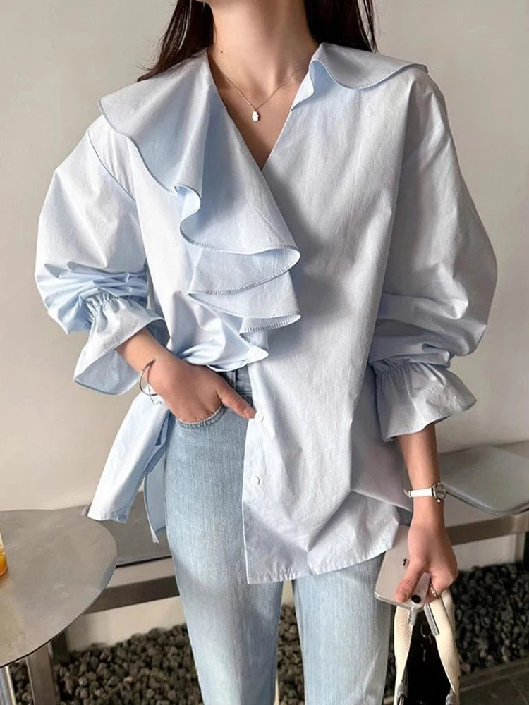 Zoki Sweet Ruffles Korean Shirts Women Loose Design V Neck Elegant Blouse Fashion Long Sleeve Spring Preppy Style Female Tops
