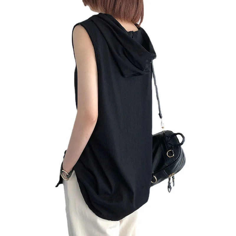 2024 Loose Tank Top Hooded Solid Round Sleeveless Head Temperament T-shirt Large Top Hot Selling in Southeast Asia