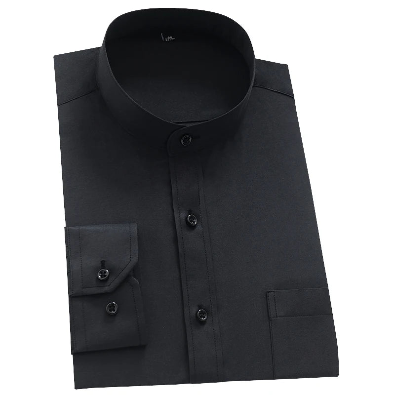 Men's Long Sleeve Mao-collar (Mandarin Collar) Shirt Single Patch Pocket Smart Casual Regular-fit Business Office Dress Shirts