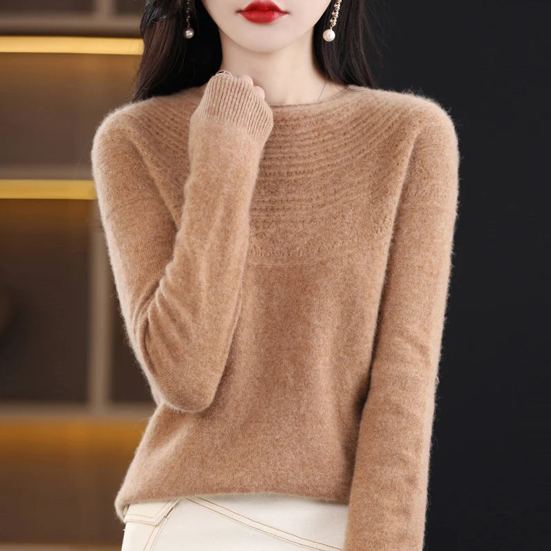 100% Merino Wool Knitted Sweater Autumn/Winter 2024 New Women's Round Neck Hollow Top 11 Color Pullover Versatile Coat NJR1107