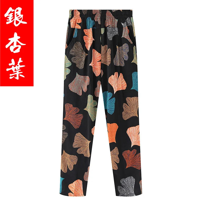 Summer Women's Printed Pants 2023 New Elastic High Waist Thin Ice Silk Pants Loose Large Size Women's Casual Ninth Pants 7XL 8XL