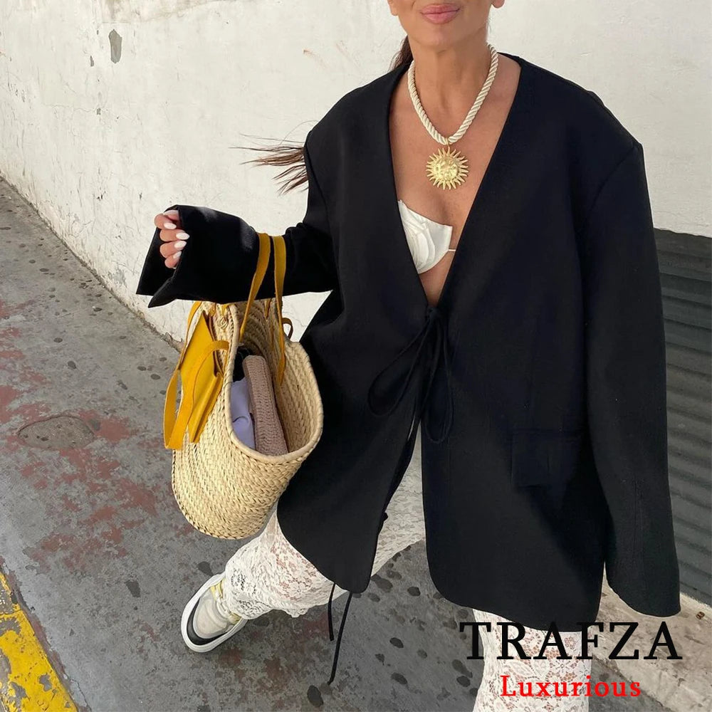 TRAFZA Casual Oversized Black Blazer Women V Neck Bow Tie Pockets Loose Jackets Fashion 2025 Streetwear Women Outwears