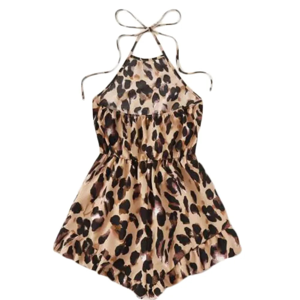 European And American Fashion Sexy Women's Neck Tie Leopard Print Suspender One-Piece Shorts New Cross-Border Source