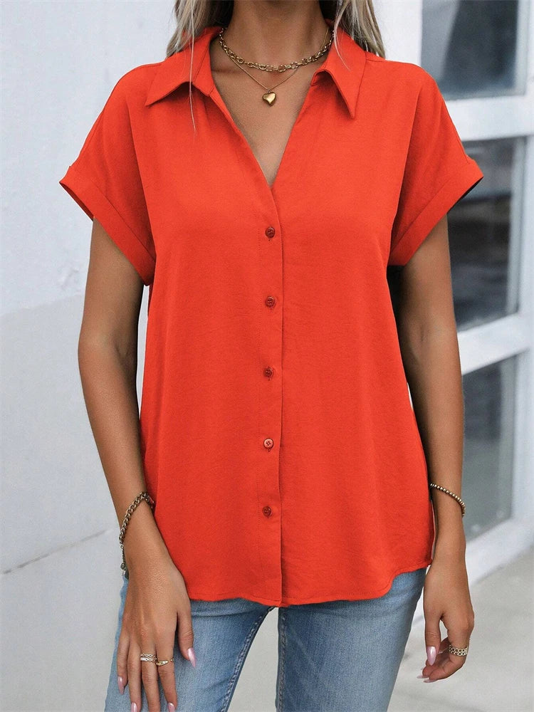 2025 Spring And Autumn New Solid Color Short-sleeved Shirt Fashion Loose Temperament Shirt Folding Blouse Ms. Home Rest Shirt