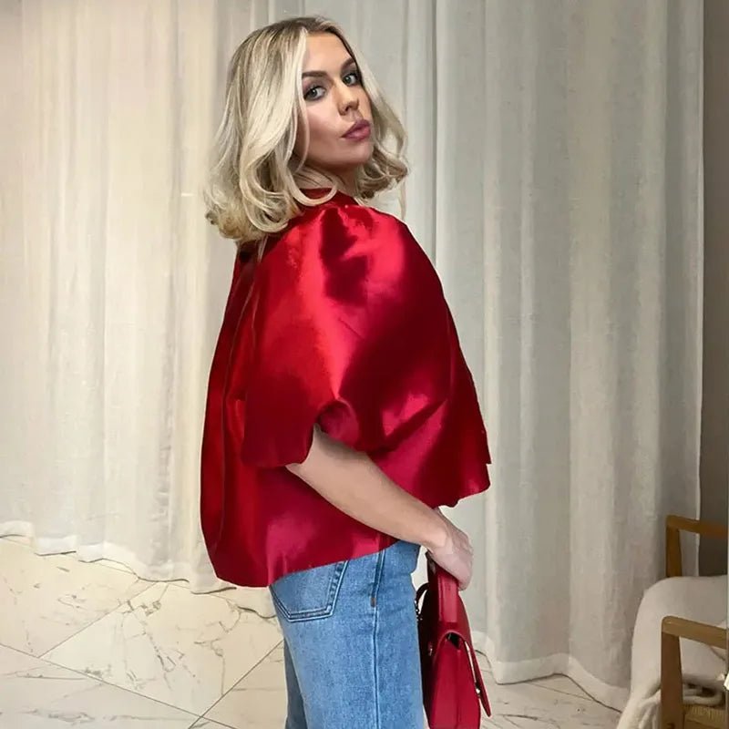 O Neck Lantern Short Sleeve Women Top Loose Solid Female Blouse 2025 Fashion Elegant Office Spring Summer Casual Lady Shirts