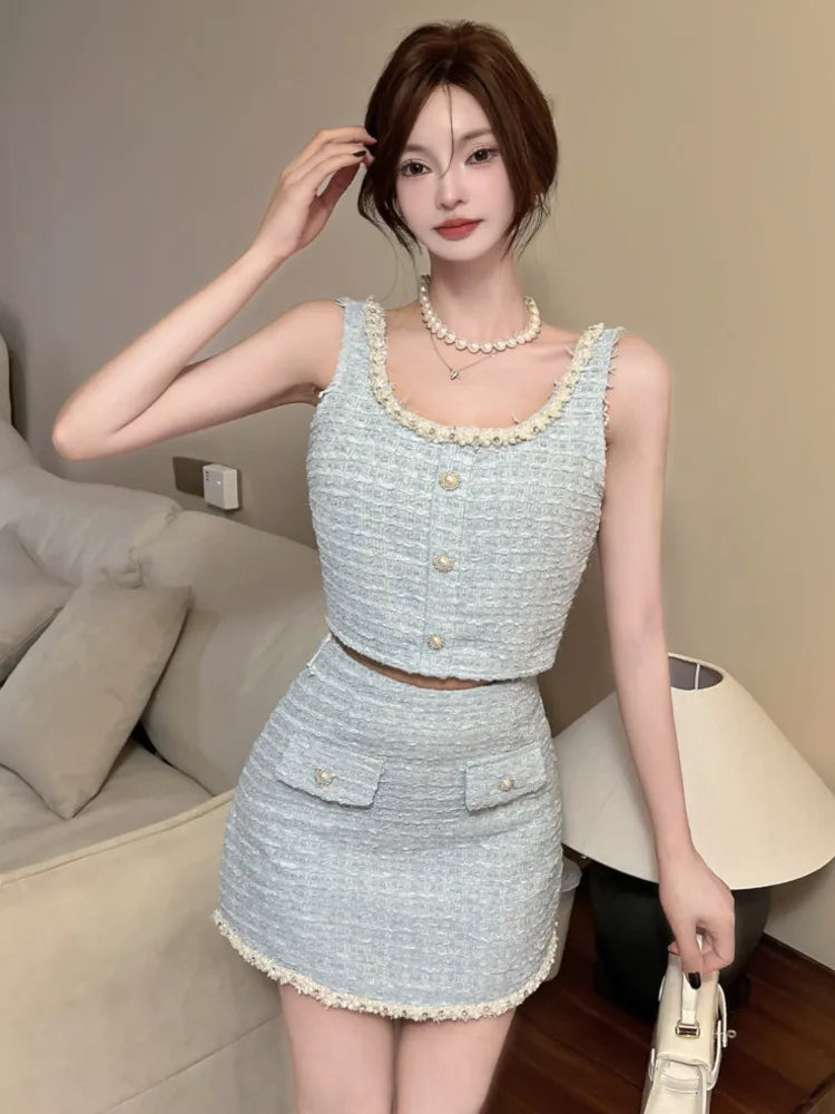 Summer French Luxury Beading Small Fragrance Two Piece Set Women Sweet Crop Top + Skirt Suits Korean Hotsweet Sexy 2 Piece Sets