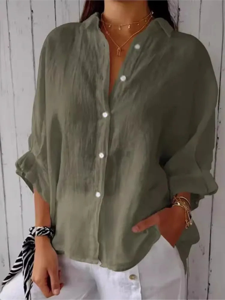 New Women Cotton Linen Shirts Elegant Back Bow Lace Up Solid Casual Shirt Spring Summer Lapel Half Sleeve Blouse Loose Tops