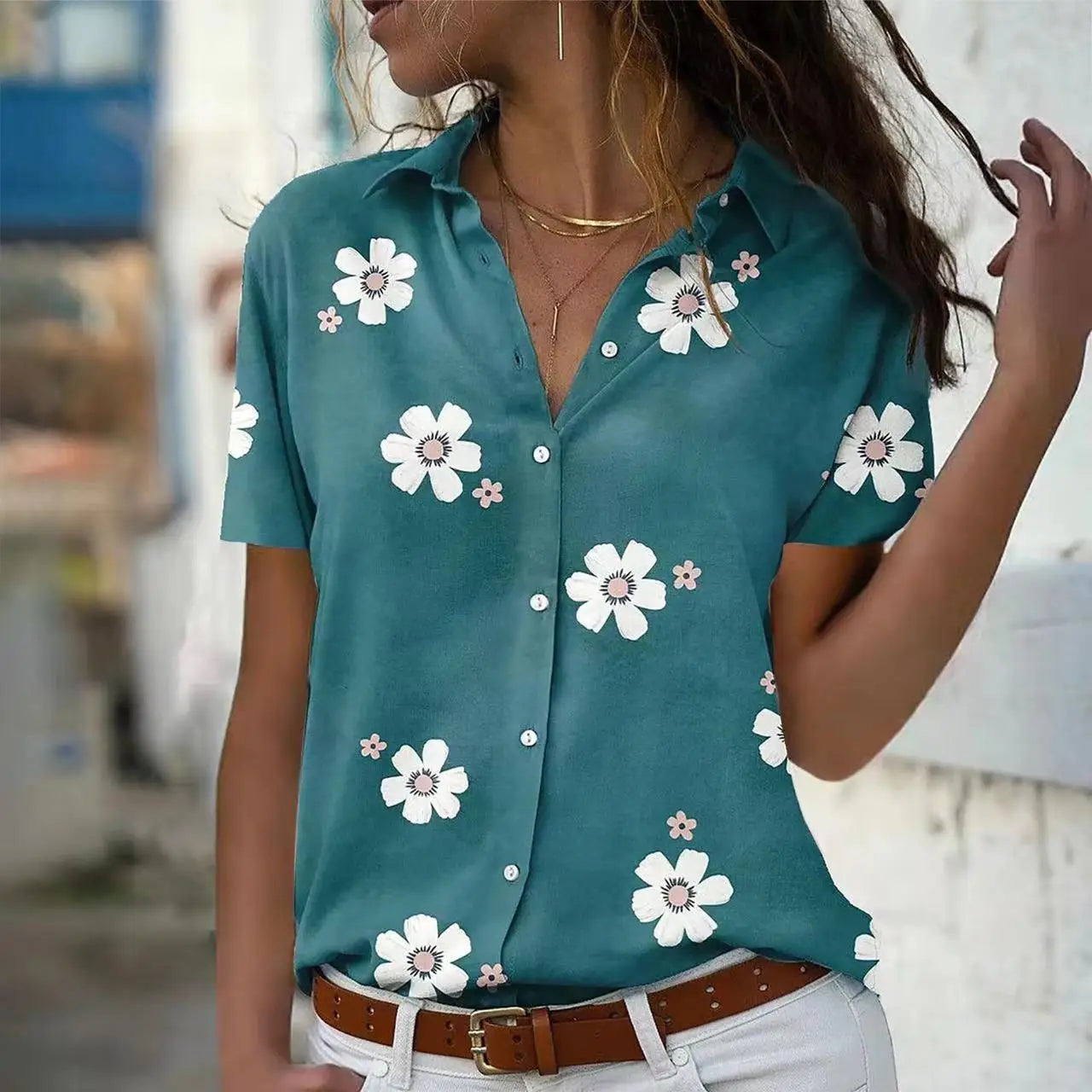 Women's Spring Summer New Style Slimming Fashion Flower Printed Short Sleeve Collar Loose Casual Comfortable Button Shirt