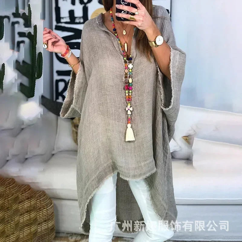Lugentolo Large Size Blouses Women Linen Loose V-Neck Solid Three Quarter Casual Irregular Hem Womens Tops and Shirts
