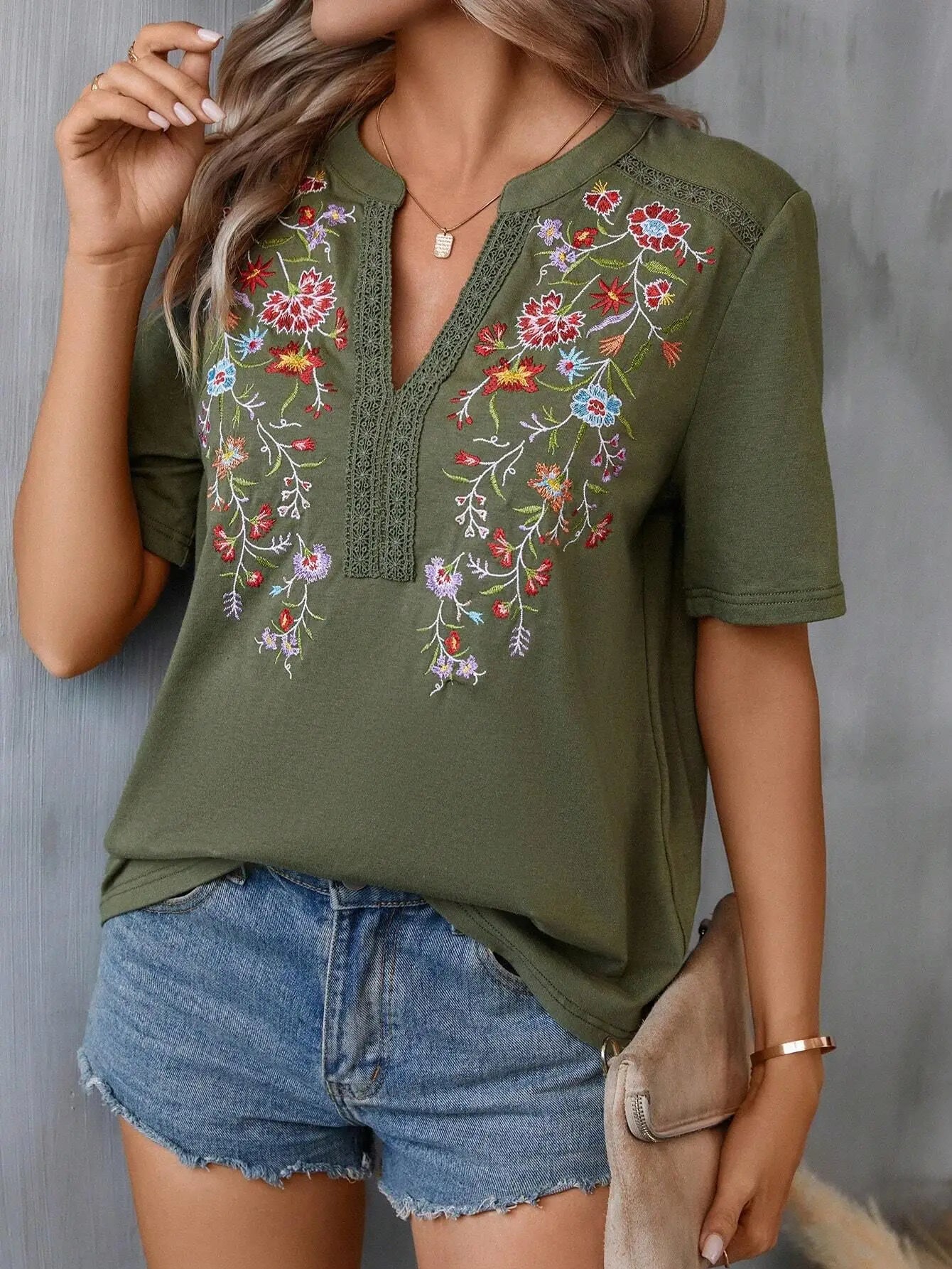 Casual Loose Floral Blouses For Women Fashion 2025 Summer Vintage Women's Short Sleeve Shirts Lace Patchwork Blouse Embroid Tops