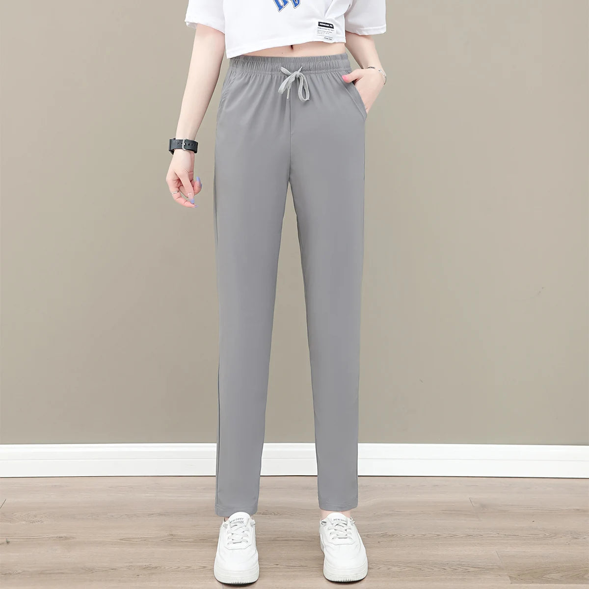 New Women'S Fashion Loose Summer Thin Ice Silk Pants Mom'S Casual High Waist Comfortable Versatile Sports 9-Point Trousers