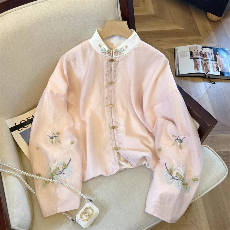 Chiffon Women's Shirts Chinese Style Embroidery Blouses Loose Fashion Women Tops Spring/Summer Floral Vintage Clothing