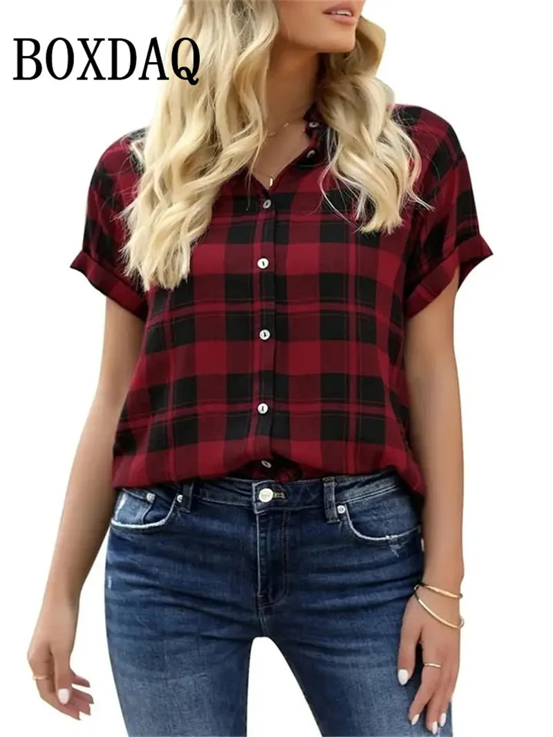 Spring Summer Casual Women's Short Sleeve Blouses Fashion Lapel Button Loose Shirts Classic Plaid Print Women Short Sleeve Tops