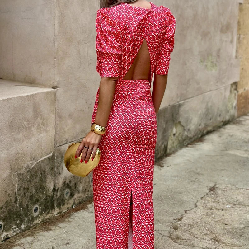 Chic Geometry Print Puff Sleeve Top+Dress Set Temperament O Neck Backless Evening Cloth 2pc Set Summer Fashion Slit Skirt Suits