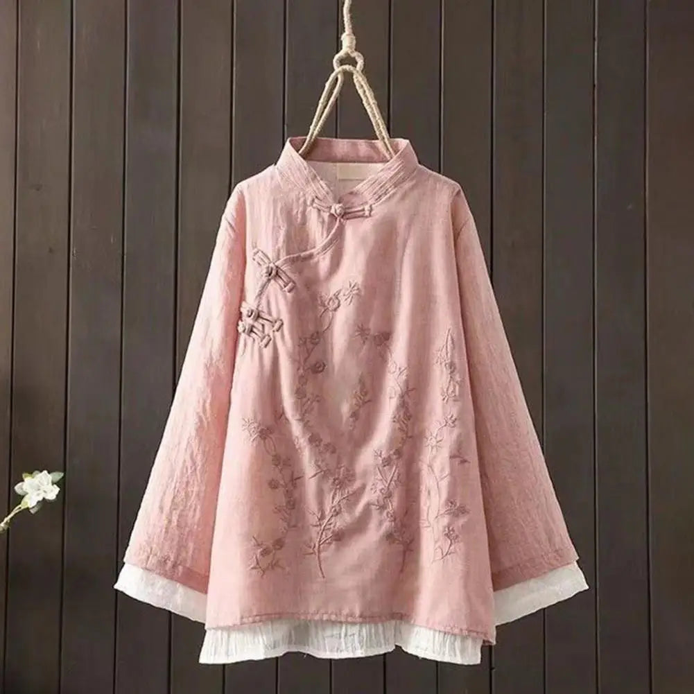 Women Spring Blouse Chinese Style Embroidered Flower Knot Button Vintage Shirt Loose Stand Collar Retro Shirt Lady Blouse Top