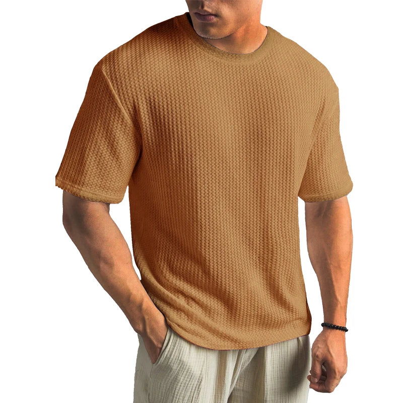 Solid Color Waffle T-shirts for Men Casual Brand Quality Short-sleeved Men's Tees New Summer Fashion Designer Tops Male