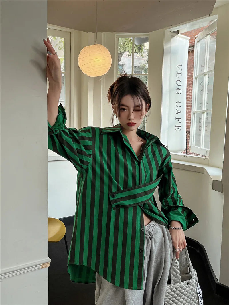 Korean striped shirt with asymmetrical personality, casual and fashionable lapel, loose fitting shirt  blouse  shirts