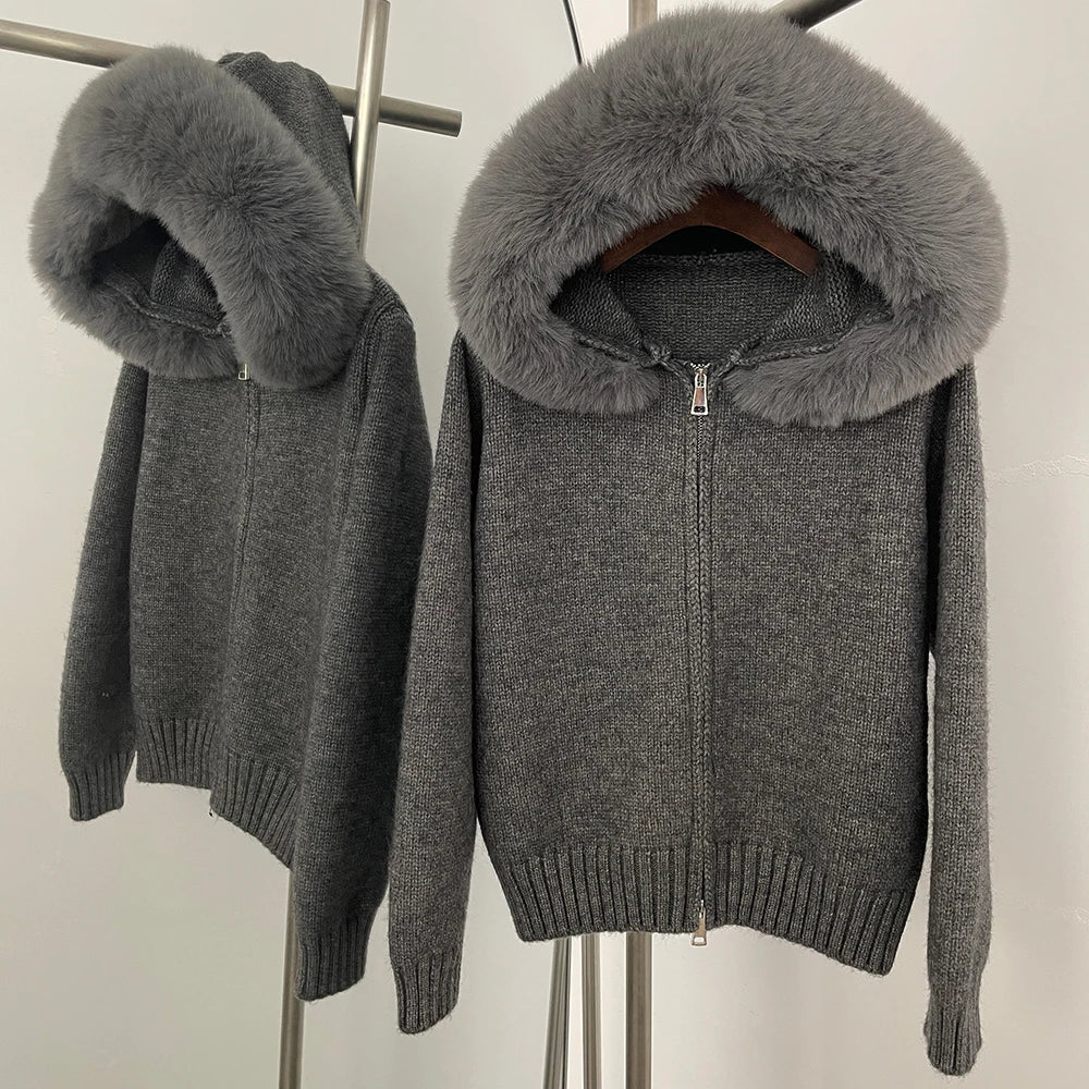 FURYOURSELF 2025 Autumn Winter Women's Short Knitted Sweater with Artificial Fur New Brazilian Best-selling Women's Cardigan