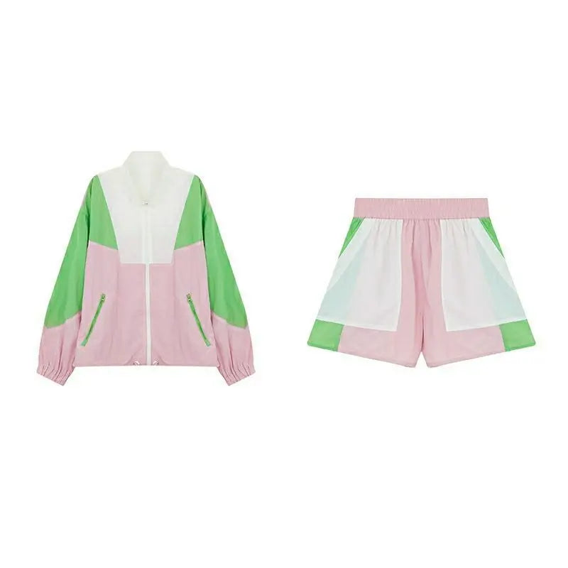 Women's Sports Suit Lapel Zipper Long Sleeve Contrast Coat And Elastic Waist Shorts Casual Female Summer Two Piece Set