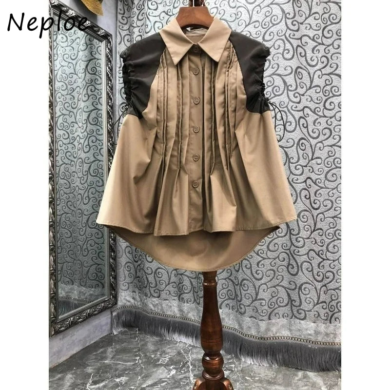 Neploe Turn Down Collar Single-breasted Blouse Pleated Drawstring Patchwork Shirts Korean 2025 Fashion Loose Casual Blusas