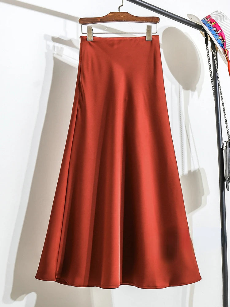 Women's Long Skirt 2024 New Fashion Satin Skirt Office Lady Elastic Waist Solid Champagne Purple Red Silk A-LINE Skirt for Women