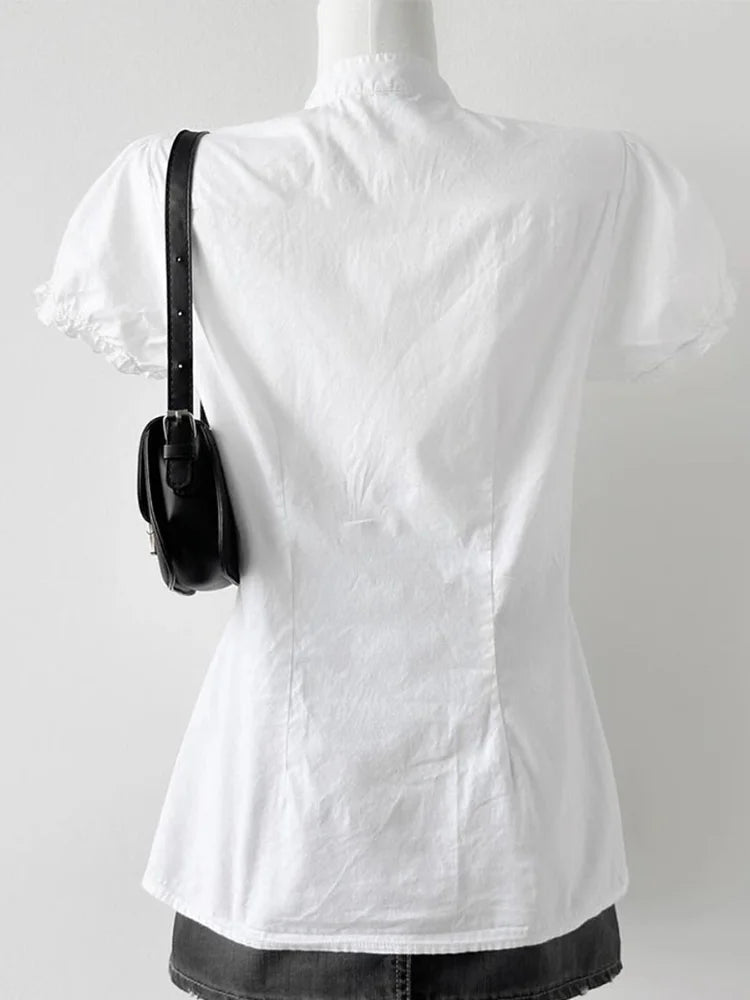 Jmpr Slim V Neck Sweet White Blouse Women Elegant Fashion Korean Short Sleeve Shirt Summer Simple Ruffles Lady Preppy Style Tops