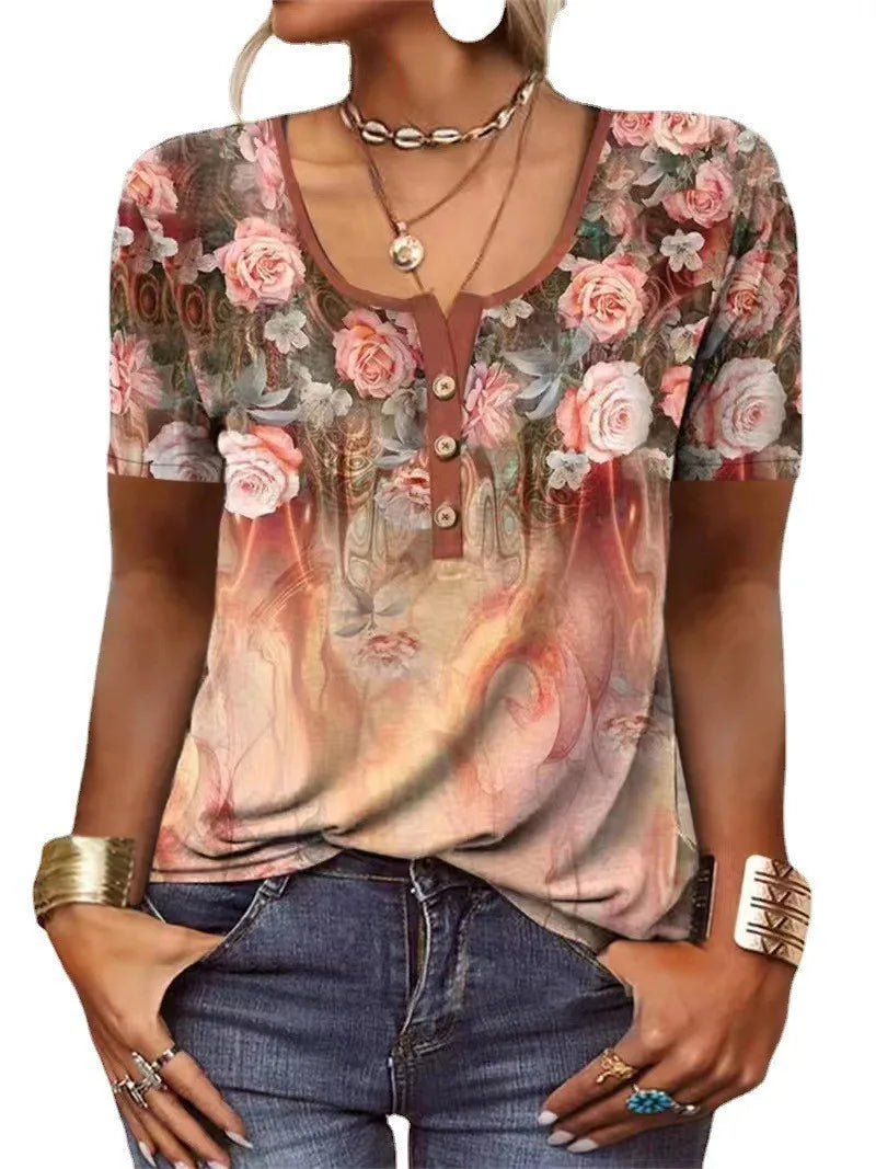 Elegant Shirts For Women Short Sleeve Fashion Ethnic Style Loose Retro Casual Button Blouses 3D Flower Print Loose Summer Tops