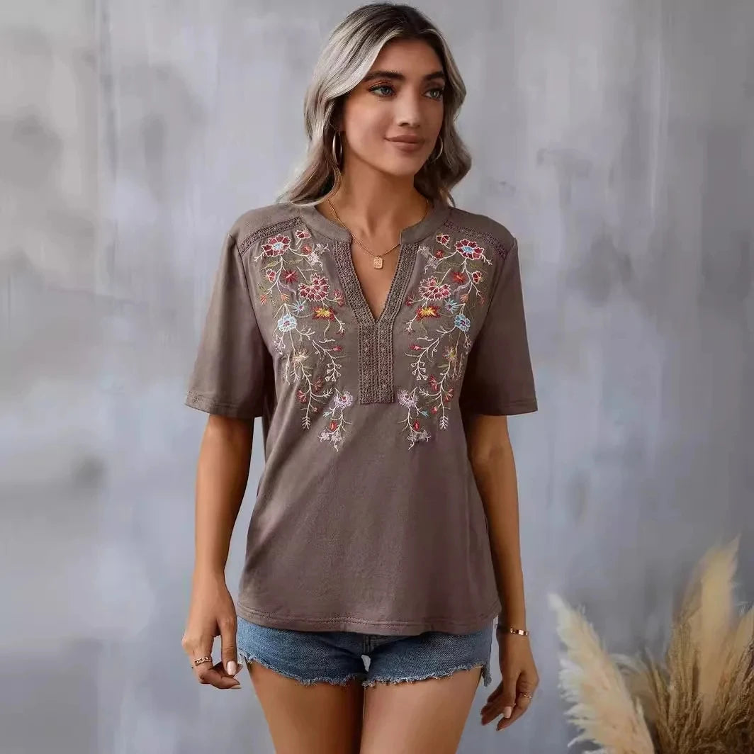 Casual Loose Floral Blouses For Women Fashion 2025 Summer Vintage Women's Short Sleeve Shirts Lace Patchwork Blouse Embroid Tops