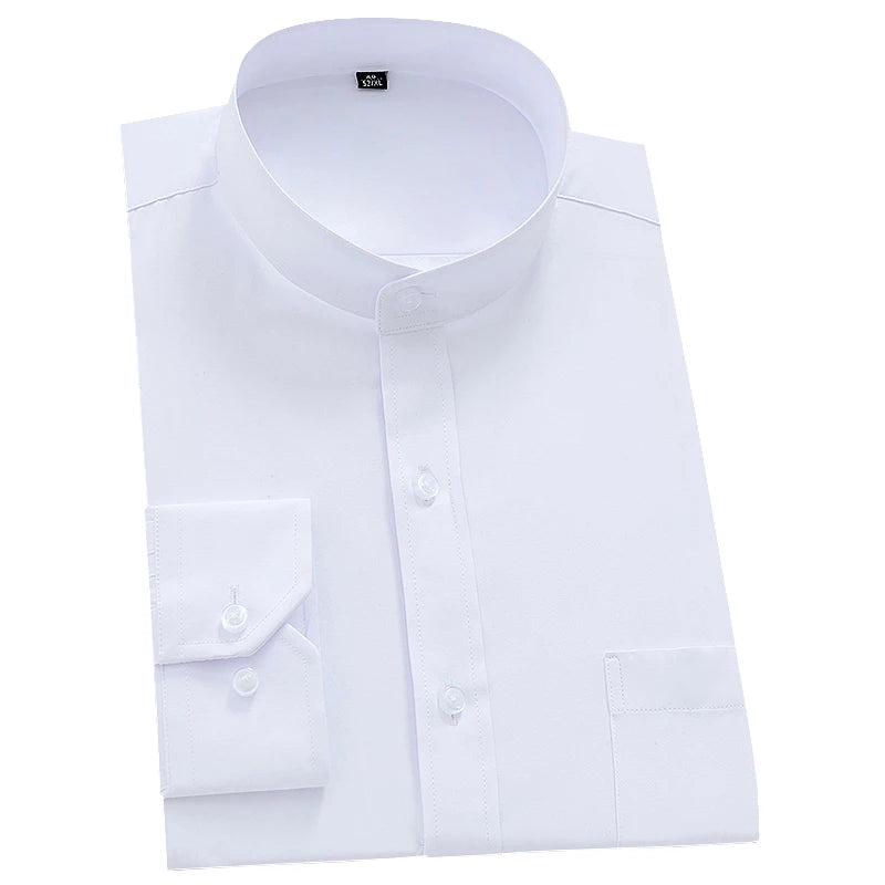 Men's Long Sleeve Mao-collar (Mandarin Collar) Shirt Single Patch Pocket Smart Casual Regular-fit Business Office Dress Shirts