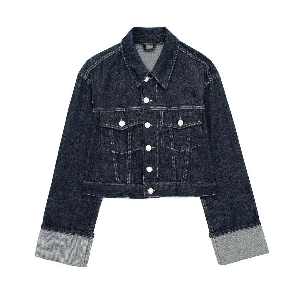 TRAFZA 2024 Autumn Female Vintage Denim Suit Long Sleeve Single Breasted Lapel Coat+High Waist Wide Leg Jeans Street Fashion Set