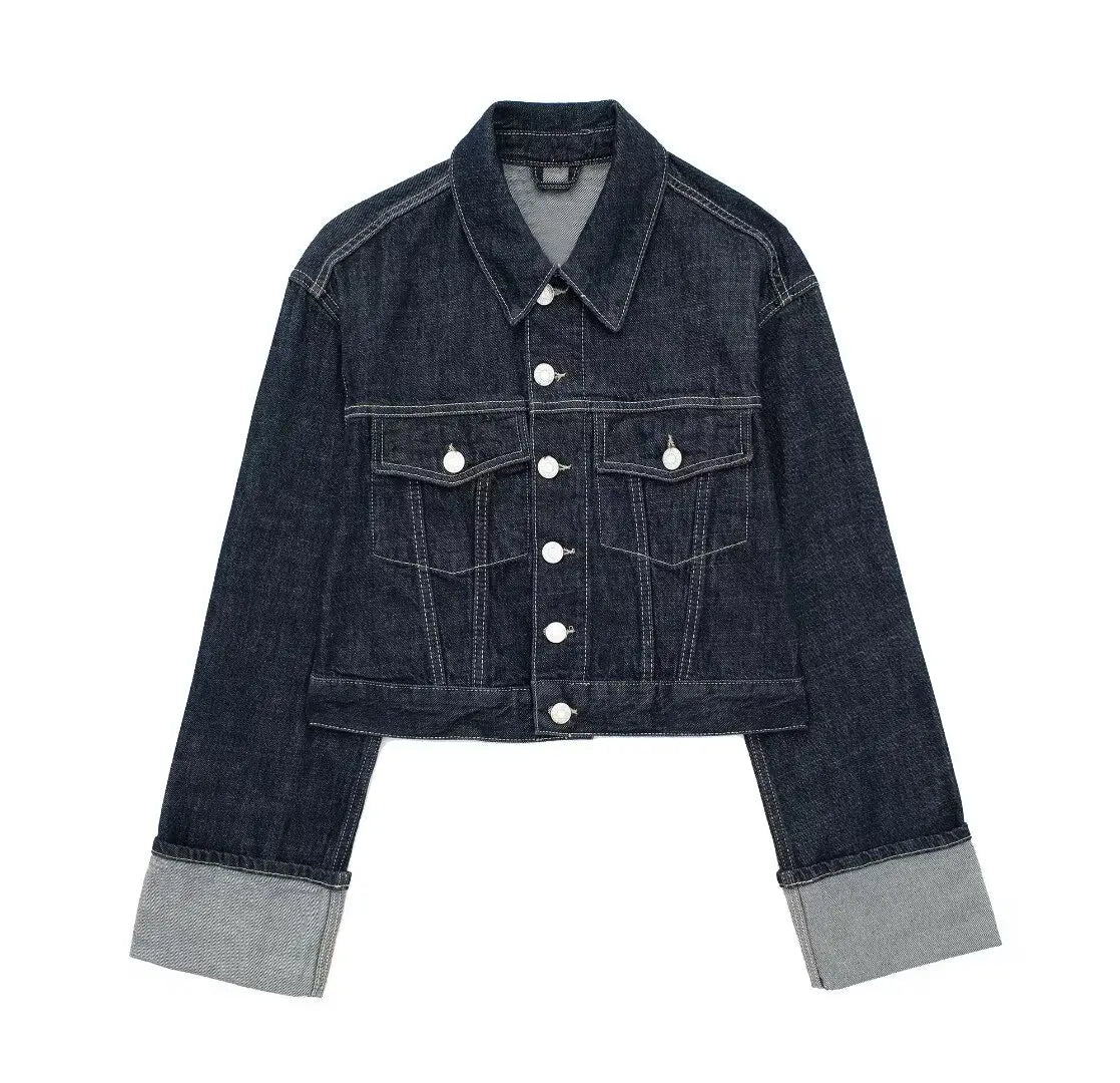 TRAFZA 2024 Autumn Female Vintage Denim Suit Long Sleeve Single Breasted Lapel Coat+High Waist Wide Leg Jeans Street Fashion Set