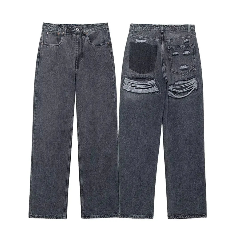 TRAFZA 2024 Women's Street Fashion Denim Blue Jeans Distressed Patchwork High Waist Zipper Fly Ripped Retro Long Pants