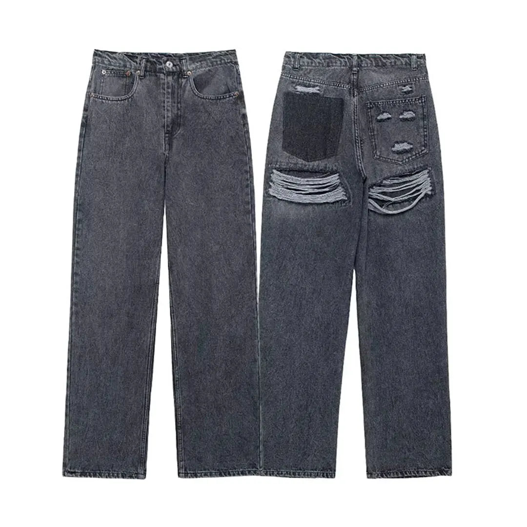 TRAFZA 2024 Women's Street Fashion Denim Blue Jeans Distressed Patchwork High Waist Zipper Fly Ripped Retro Long Pants