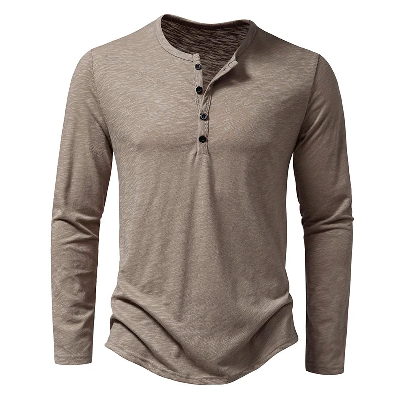 New Men's Cotton Henley T Shirt Long Sleeve T-Shirts Basic Casual Button Collar Breathable Daily Top Tees