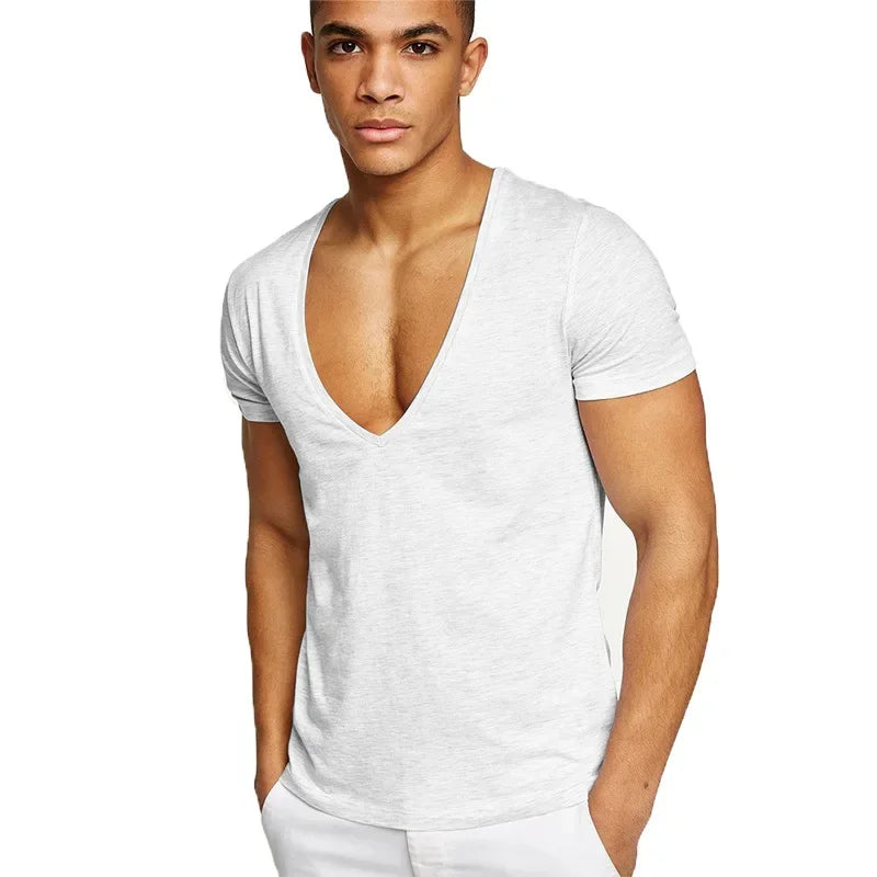 MRMT 2025 Brand New Men's Fitness And Leisure Summer Cotton Sweat-Absorbent Solid Color European Size Deep V-Neck T-Shirt Tops
