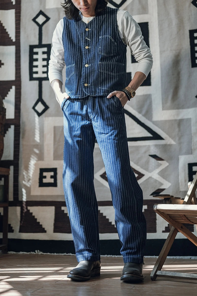 Non Stock 1930s Three-Pocket Wabash Work Vest Retro Men's Striped Sleeveless Jacket