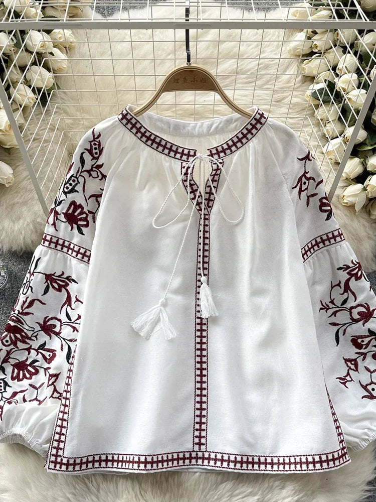 Women's Retro Blouse National Style Embroidered Lace-Up Tassel V-Neck Lantern Sleeve Tops Loose All-Match Female Blusa A02