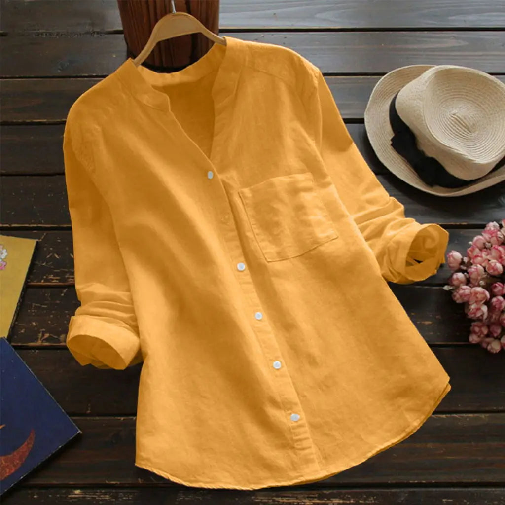 Women's Casual Retro Cotton And Linen Shirts Loose Solid Color V-neck Cardigan Button ladies Yellow White Autumn Shirt Tops