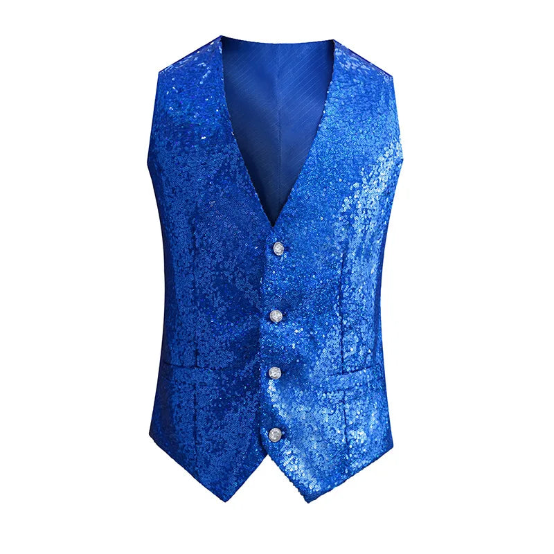 Red Shiny Sequins Single Breasted Sleeveless Vest Men's V-Neck Waistcoat Gold Black White Blue Purple Available M L XL XXL XXXL