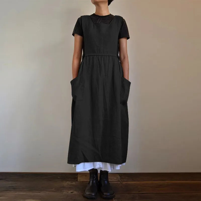 3 Color Oversized S-5XL Loose Cotton Linen Apron Midi Dress For Women Casual Pocket Homewear Solid Color Kitchen Uniform