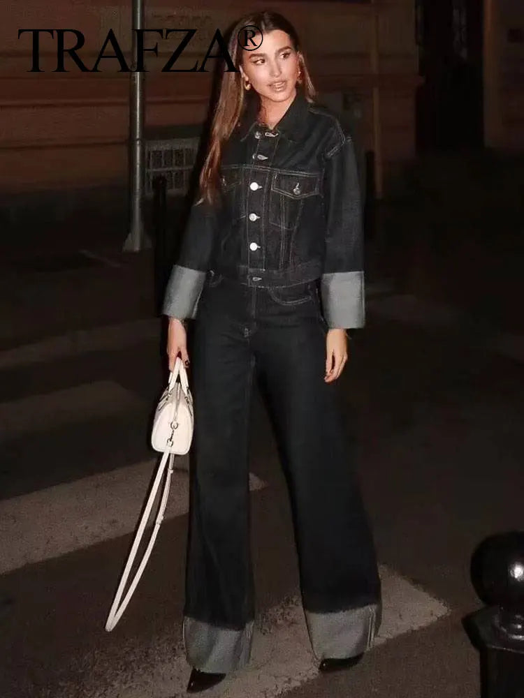 TRAFZA 2024 Autumn Female Vintage Denim Suit Long Sleeve Single Breasted Lapel Coat+High Waist Wide Leg Jeans Street Fashion Set