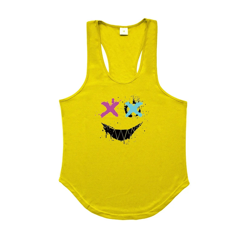 Trendy Personality Funny XX Smile Face Gym Fitness Vest Men Bodybuilding Sleeveless Tank Tops Mesh Quick Dry Racer Back T-Shirt